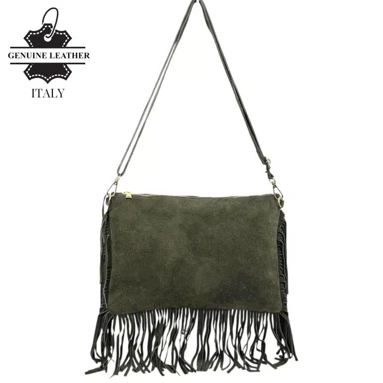 Bolso Bandolera de Serraje Italiano con Gran Calidad, Flecos Decorativos y Cremallera para Mujer - Imagen 3