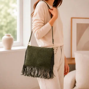 Bolso Bandolera de Serraje Italiano con Gran Calidad, Flecos Decorativos y Cremallera para Mujer