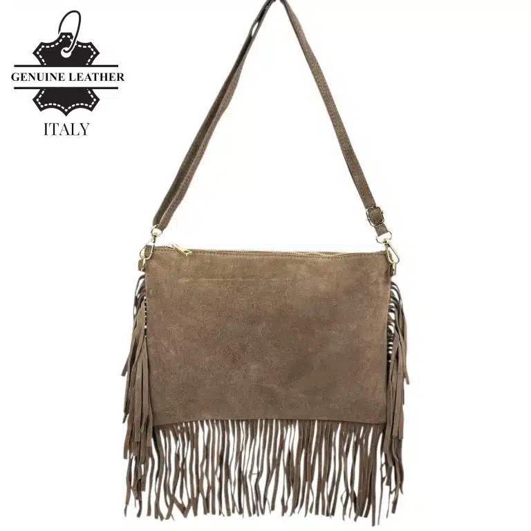 Bolso Bandolera de Serraje Italiano con Gran Calidad, Flecos Decorativos y Cremallera para Mujer - Imagen 4