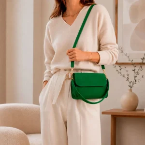 Bolso de Mano Compacto en Piel de Serraje Italiano con Solapa y Asa Corta para Mujer