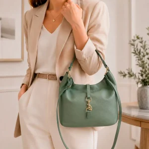 Bolso de Hombro Hobo en Piel Italiana con Mini Solapa de Enganche Frontal y Asa Corta
