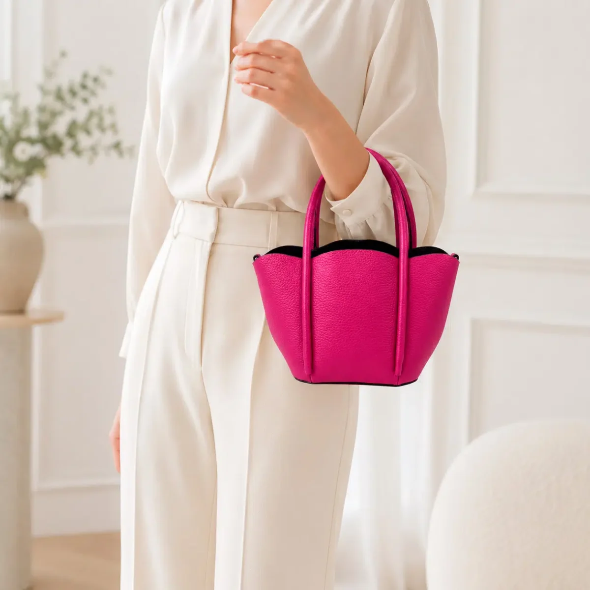 Bolso de Mano Compacto en Piel Italiana con Asa Larga de Cadena y Neceser Extra para Mujer - Imagen 3