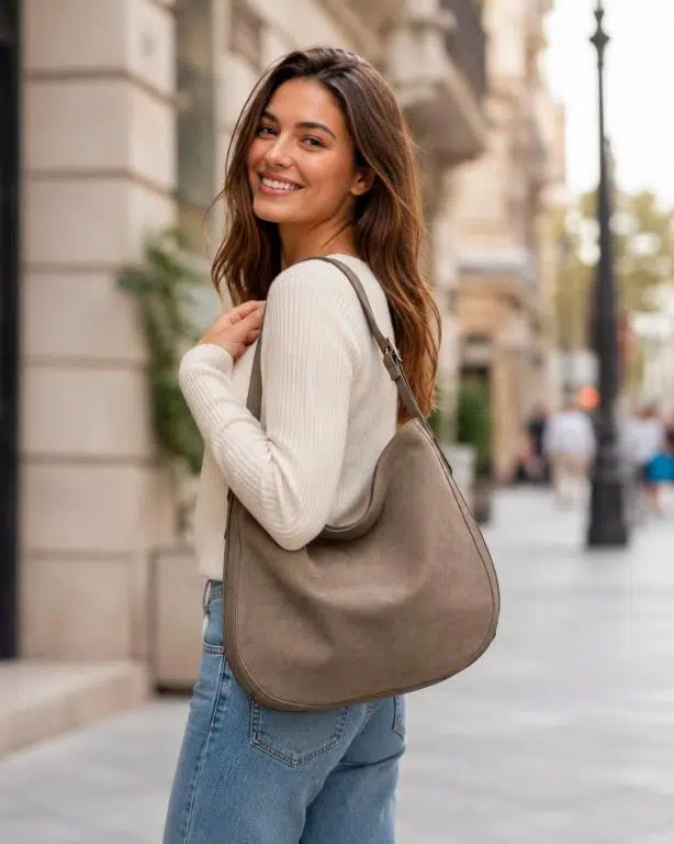 Bolso de Hombro tipo Hobo en Piel Italiana con Frontal de Serraje y Gran Calidad para Mujer - Imagen 3