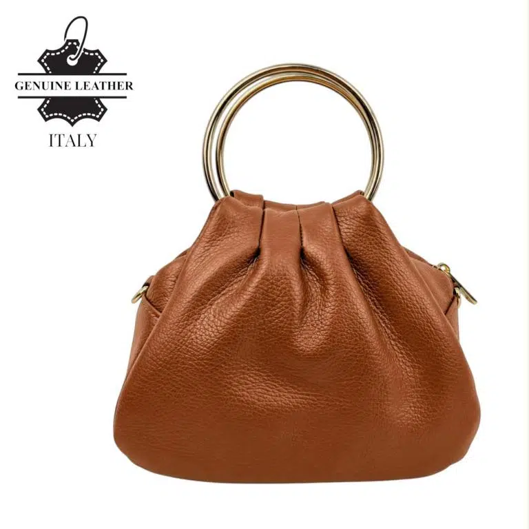 Bolso de Mano en Piel Italiana con Asas Cortas Circulares y Asa Dorada de Cadena para Mujer - Imagen 9