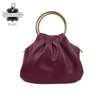 Bolso de Mano en Piel Italiana con Asas Cortas Circulares y Asa Dorada de Cadena para Mujer
