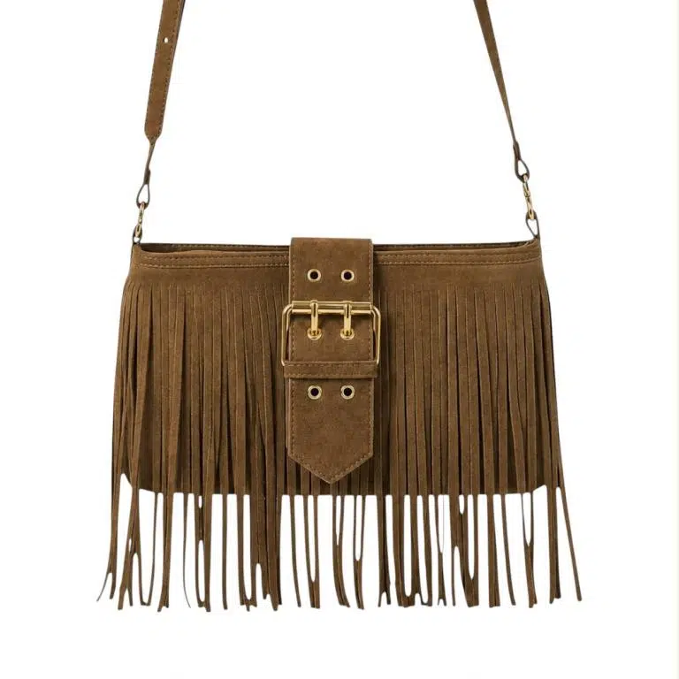 Bolso de Hombro Sintético tipo Serraje con Mini Solapa Ajustable y Flecos Frontales para Mujer - Imagen 4