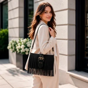 Bolso de Hombro Sintético tipo Serraje con Mini Solapa Ajustable y Flecos Frontales para Mujer
