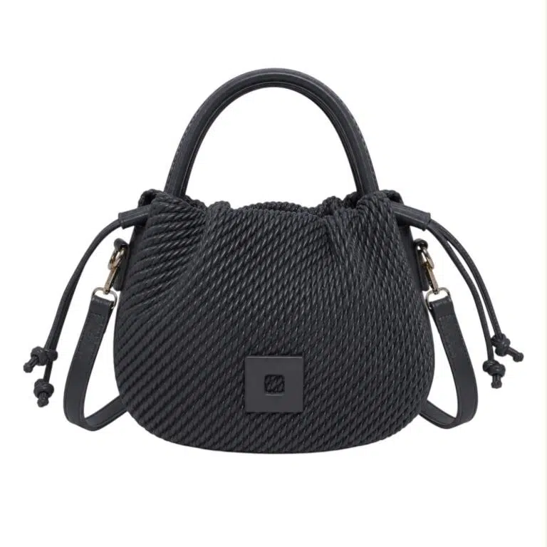 Bolso de Mano Sintético Trenzado de Mujer con Cierre de Cuerdas y Cuadrado Decorativo Frontal - Imagen 6