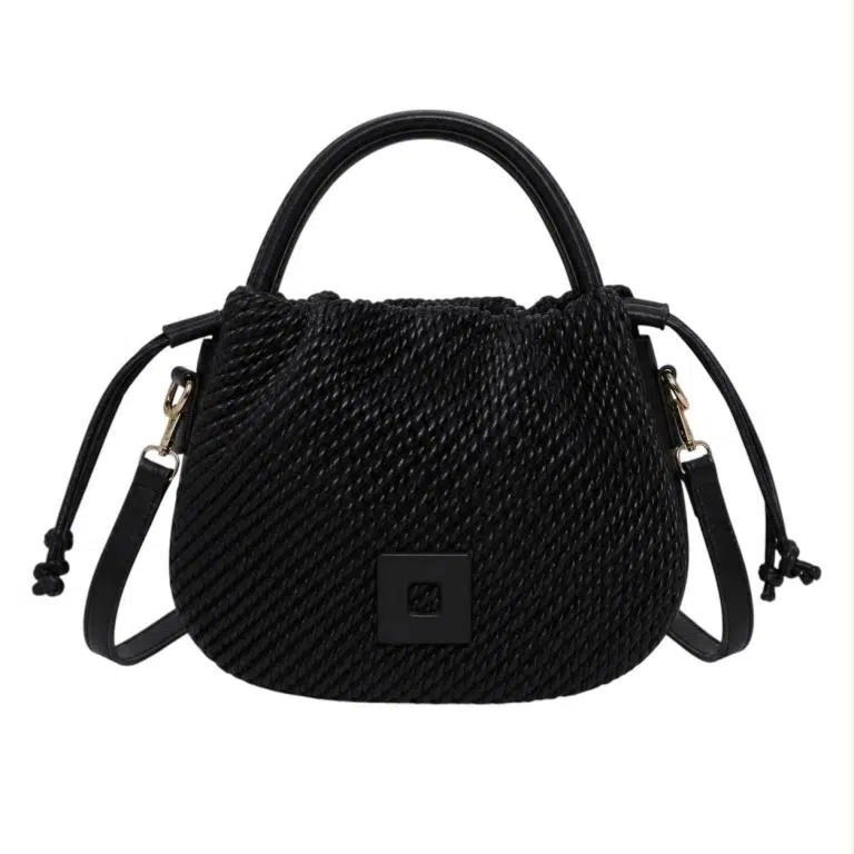 Bolso de Mano Sintético Trenzado de Mujer con Cierre de Cuerdas y Cuadrado Decorativo Frontal - Imagen 8