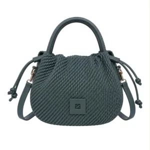 Bolso de Mano Sintético Trenzado de Mujer con Cierre de Cuerdas y Cuadrado Decorativo Frontal