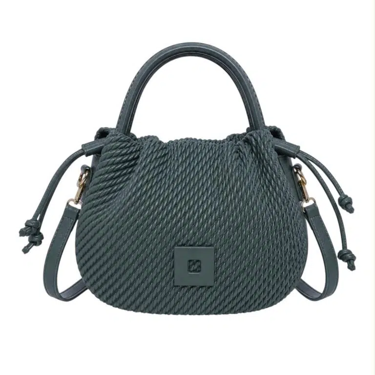 Bolso de Mano Sintético Trenzado de Mujer con Cierre de Cuerdas y Cuadrado Decorativo Frontal