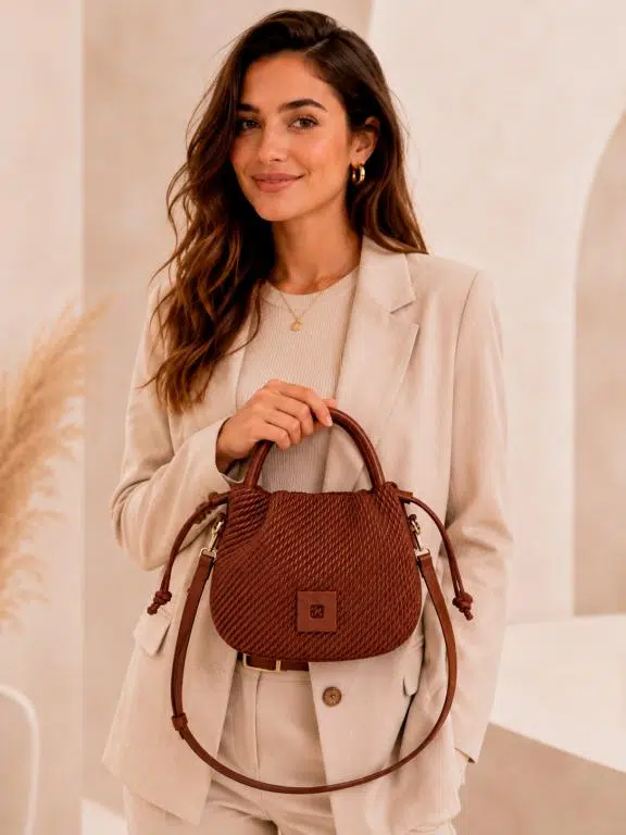 Bolso de Mano Sintético Trenzado de Mujer con Cierre de Cuerdas y Cuadrado Decorativo Frontal - Imagen 3