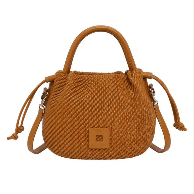 Bolso de Mano Sintético Trenzado de Mujer con Cierre de Cuerdas y Cuadrado Decorativo Frontal - Imagen 9