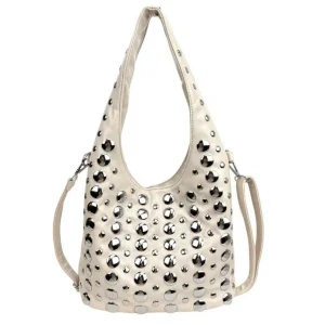 Bolso de Hombro Sintético de Mujer con Frontal de Tachuelas, Asa y Tira Bandolera