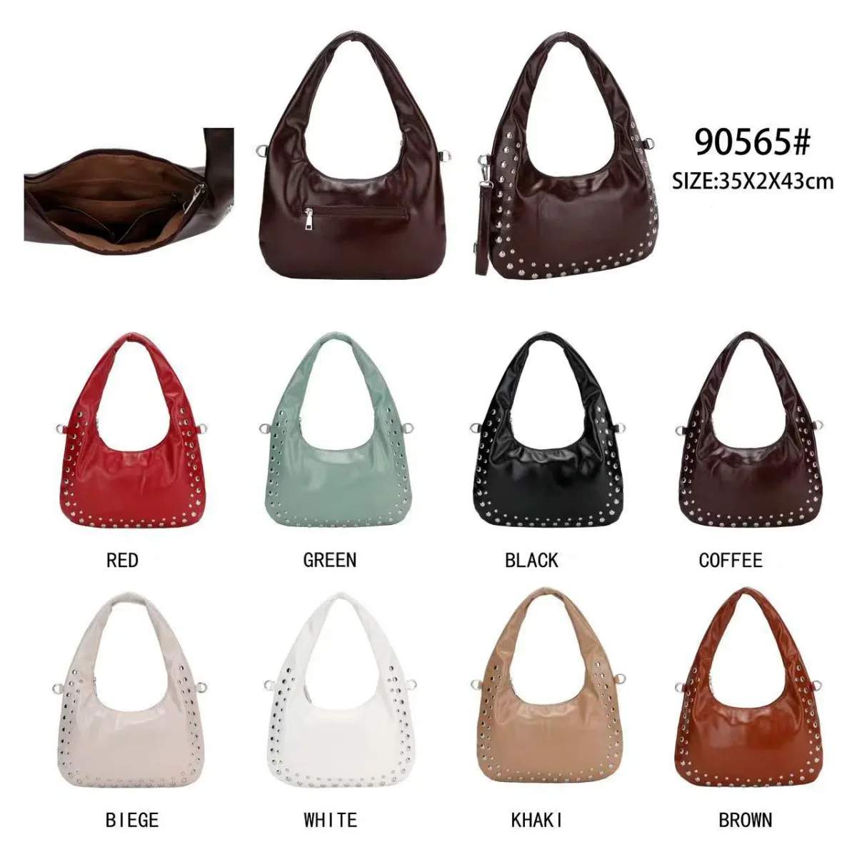 Bolso de Hombro Sintético Medialuna con Tachuelas Frontales, Bolsillo Trasero y Cremallera para Mujer - Imagen 3
