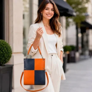 Amplio Bolso de Mano Sintético con Diseño de Cuadrados y Bolsillo Trasero Vertical para Mujer