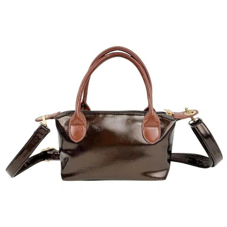 Bolso de Mano Sintético tipo Charol con Asas Cortas Marrones y Cremallera para Mujer - Imagen 4