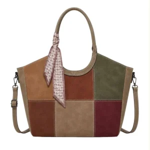 Bolso de Hombro Sintético con Diseño Cuadrados Colores y Lazo Decorativo Mujer