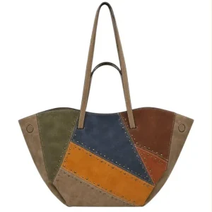 Bolso de Hombro Sintético con 4 Asas, Tachuelas, Imanes Laterales y Bolsito Extra de Mujer