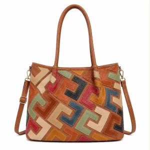 Bolso de Hombro Sintético tipo Tote con Diseño Patchwork y Bolsillo Trasero para Mujer