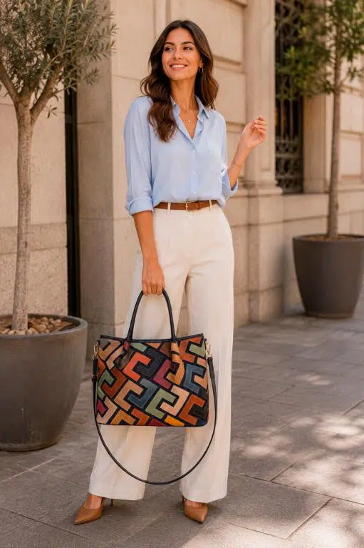 Bolso de Hombro Sintético tipo Tote con Diseño Patchwork y Bolsillo Trasero para Mujer - Imagen 3