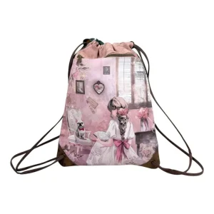 Mochila Sintética Tipo Saco de Mujer con Diseño de Muñeca Sweet Candy y Bolsillo Frontal