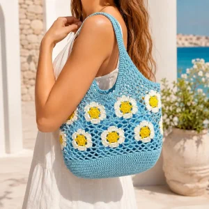 Amplio Bolso de Ganchillo con Asas Largas y Saquito Interno con Cuerdas para Mujer