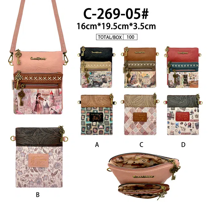 Bolso Bandolera Sintético Muñeca Sweet Candy con 3 Bolsillos con Cremallera para Mujer