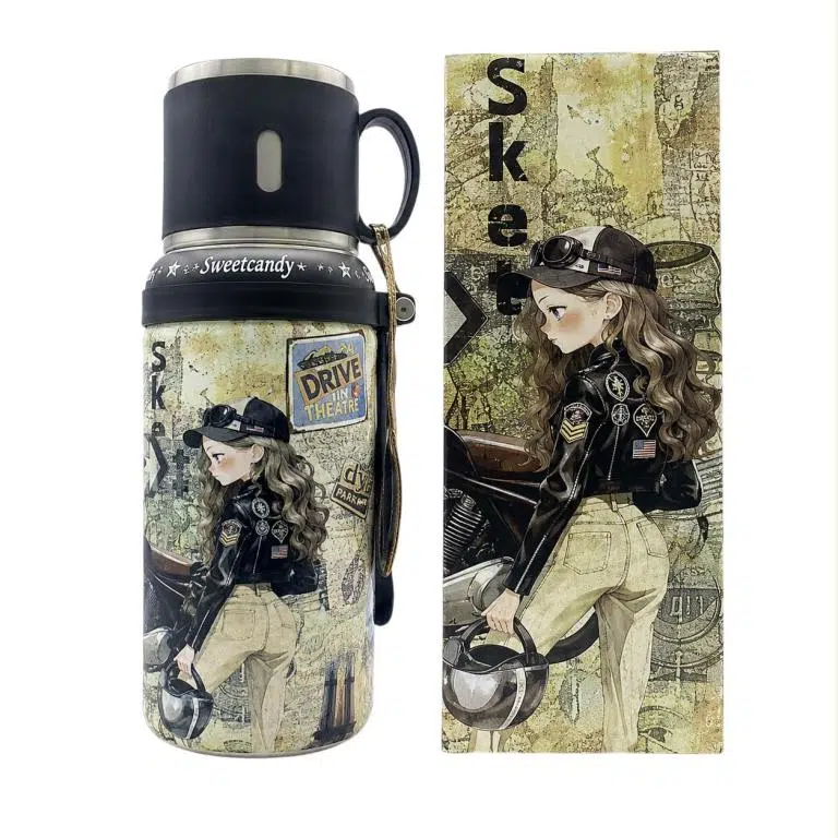 Botella Termo 650ml para Mujer con Diseño de Muñeca Sweet Candy, 2 Tapones y Asa Corta - Imagen 3