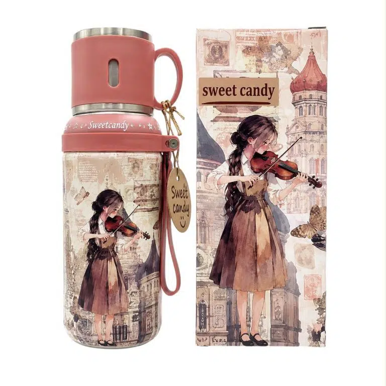 Botella Termo 650ml para Mujer con Diseño de Muñeca Sweet Candy, 2 Tapones y Asa Corta - Imagen 4