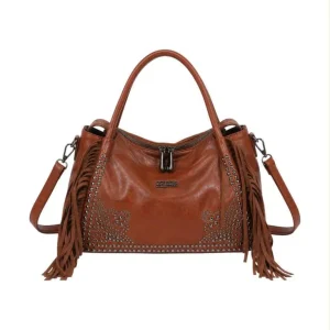 Bolso de Mano Sintético Coveri Collection con Tachuelas, Flecos y Botones en la Cremallera