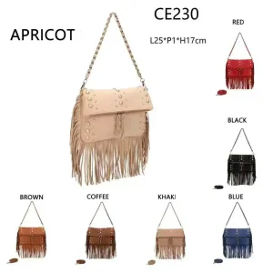Bolso de Hombro Sintético Tipo Serraje con Flecos y Piedras Frontales Decorativas para Mujer