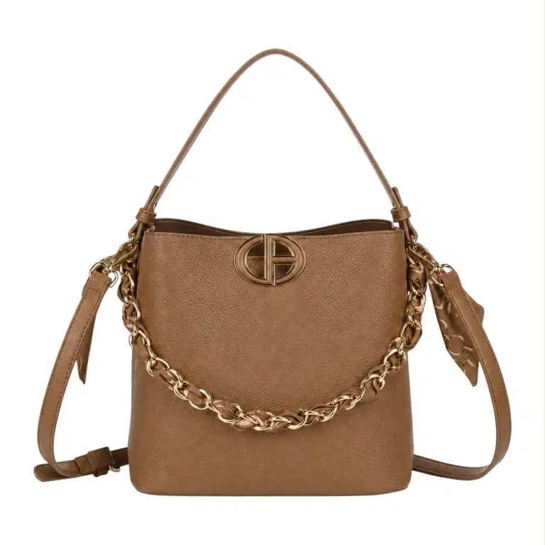 Bolso de Mano Sintético de Mujer con Chapa Frontal y Asa Dorada con Pañuelo Decorativo