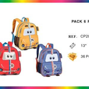Mochila Escolar con Diseño Infantil Coche con Alegres Colores y Multicompartimentos