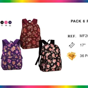 Mochila Escolar Juvenil con Diseño de Flores, Bolsillo Frontal y Compartimentos de Rejilla