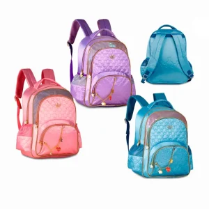Amplia Mochila Escolar Sintética de Gran Calidad con Cadena Decorativa Frontal