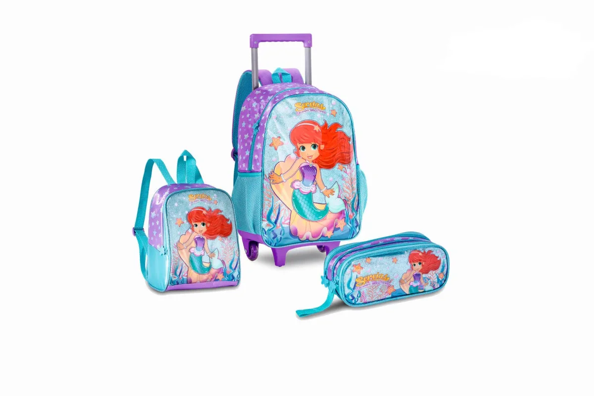 Set Mochila de Ruedas + Fiambrera + Estuche Sintético de Gran Calidad con Diseño Sereias