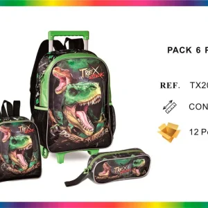 Set Mochila de Ruedas + Fiambrera + Estuche Sintético de Gran Calidad con Diseño T-Rex