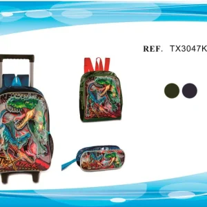 Set Mochila de Ruedas + Fiambrera + Estuche Sintético de Gran Calidad con Diseño Dinosaurios