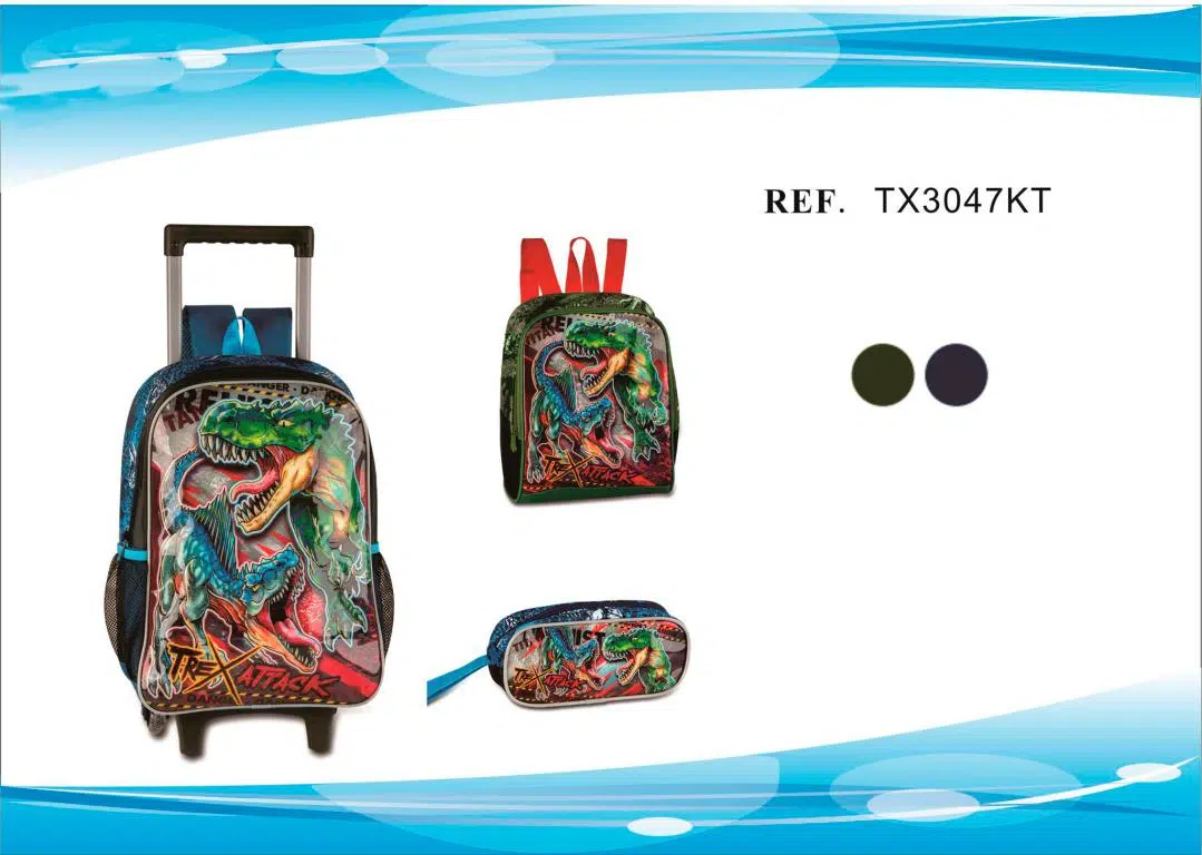 Set Mochila de Ruedas + Fiambrera + Estuche Sintético de Gran Calidad con Diseño Dinosaurios