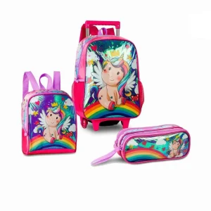 Set Mochila de Ruedas + Fiambrera + Estuche con Diseño Holográfico Unicornio