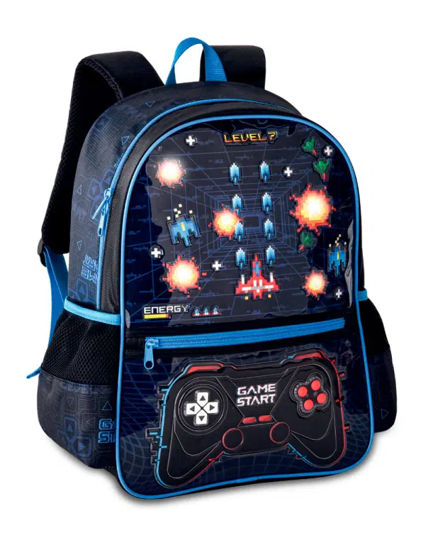 Mochila Escolar Sintética con Diseño Videojuego Space Galaxy y Bolsillo Frontal con Cremallera