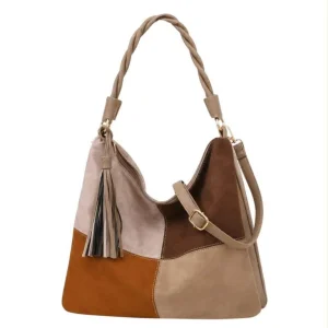 Bolso de Hombro Hobo Sintético Estilo Serraje con Diseño Cuadrados y Asa Trenzada para Mujer