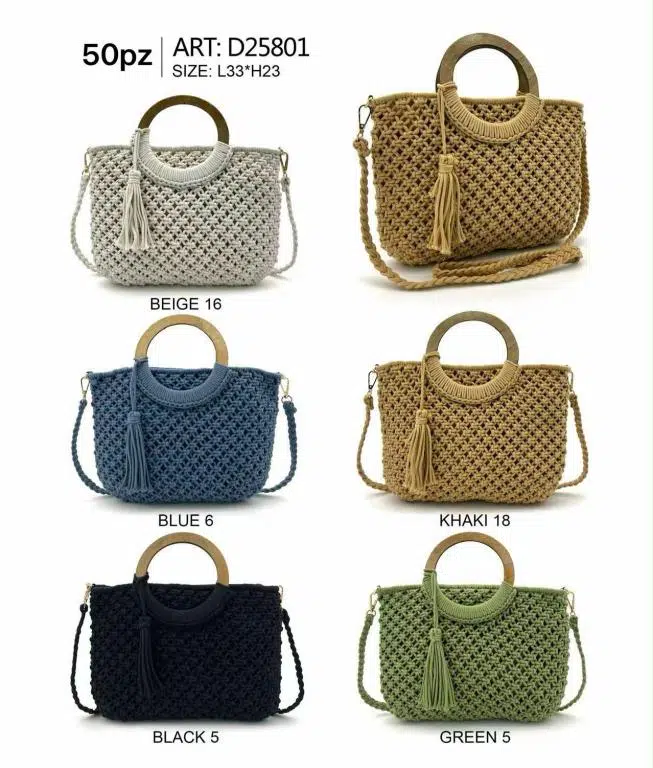 Bolso de Mano en Algodón tipo Ganchillo para Mujer con 2 Asas Circulares y Decoración Frontal