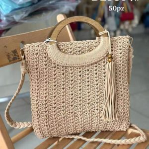 Bolso en Algodón tipo Ganchillo con 2 Asas Semicirculares y Fleco Decorativo para Mujer