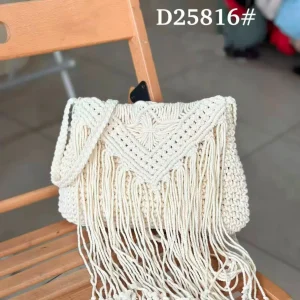 Bolso de Hombro en Algodón tipo Ganchillo con Solapa de Flecos y Asa Larga para Mujer