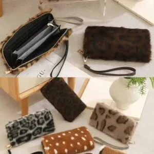 Cartera Larga de Pelo Sintético, Diseño Animal Print y Asa Corta Extraíble para Mujer