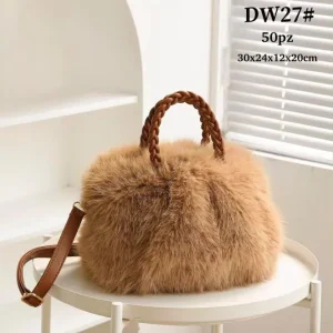 Bolso de Mano con Pelo Sintético, 2 Asas Cortas Trenzadas y Cierre de Cremallera para Mujer