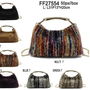 Bolso de Mano Sintético con Diseño Flecos Multicolor y Asa Corta Gruesa Dorada para Mujer