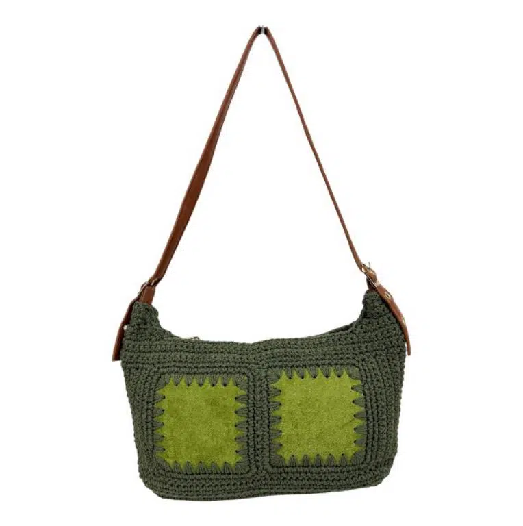 Bolso Bandolera de Algodón tipo Ganchillo con Diseño Cuadrados Frontales para Mujer - Imagen 6